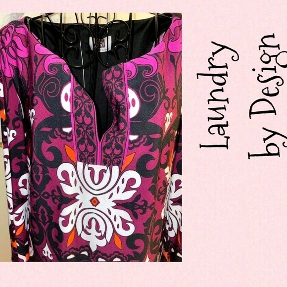 LAUNDRY BY DESIGN SILKY PURPLE KNIT SHIFT DRESS W/BLACK,WHITE PRINT~3/4 SLEEVE~S - Picture 4 of 6